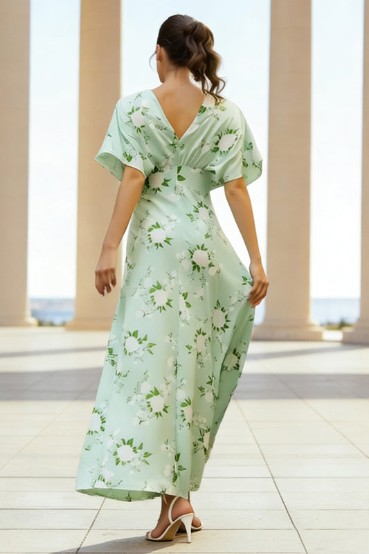 Floral Sage Sheath V-Neck Long Wedding Guest Dress with Sleeves