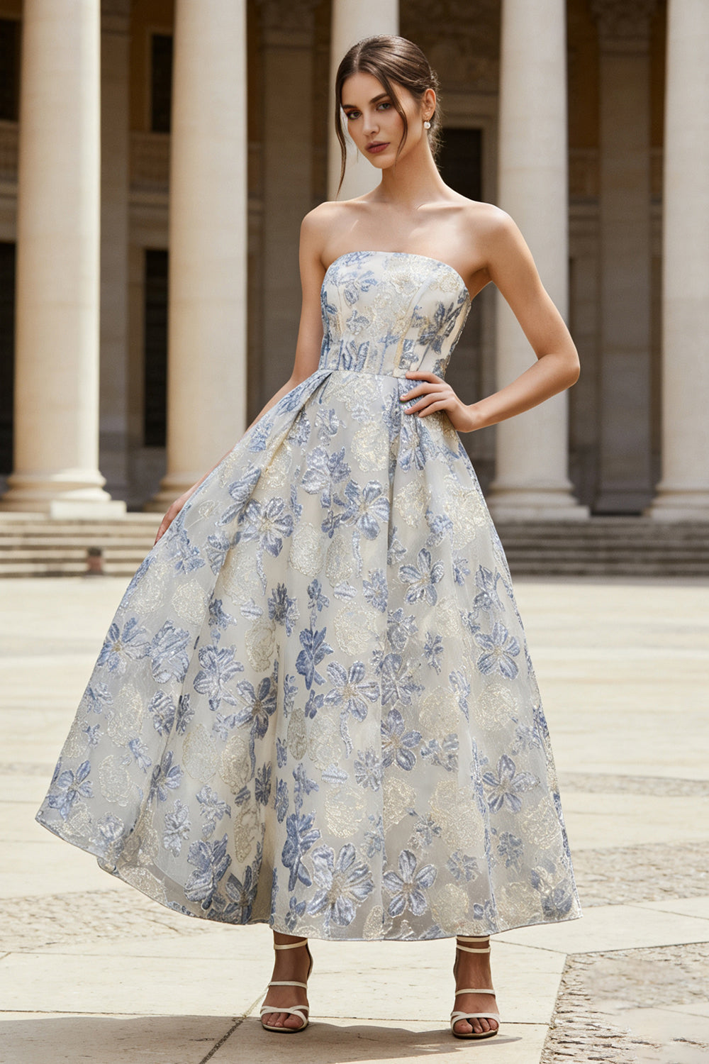 ZAPAKA Women Dusty Blue Floral Long Wedding Guest Dress A Line Strapless Jacquard Formal Dress, Dusty Blue / US24W