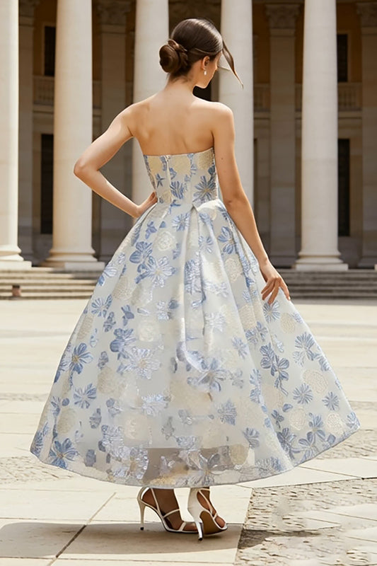 Floral Dusty Blue A Line Jacquard Long Corset Wedding Guest Dress