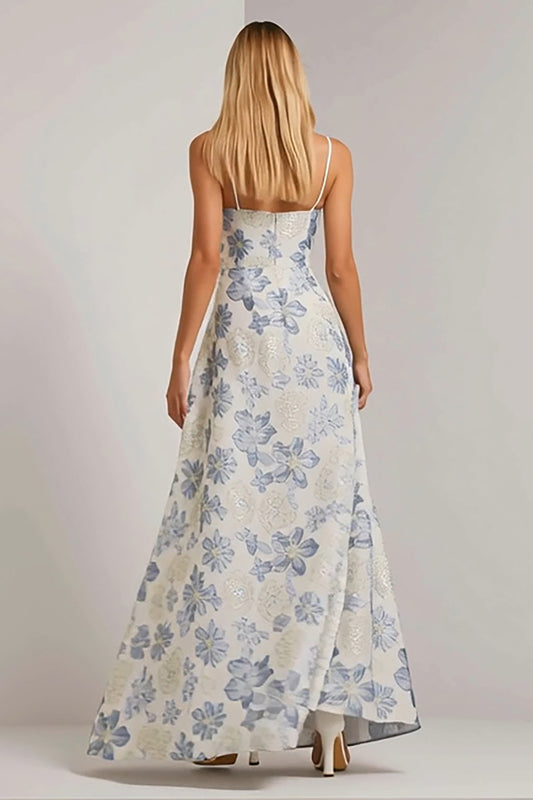 Floral Dusty Blue Jacquard Spaghetti Straps Long Wedding Guest Dress