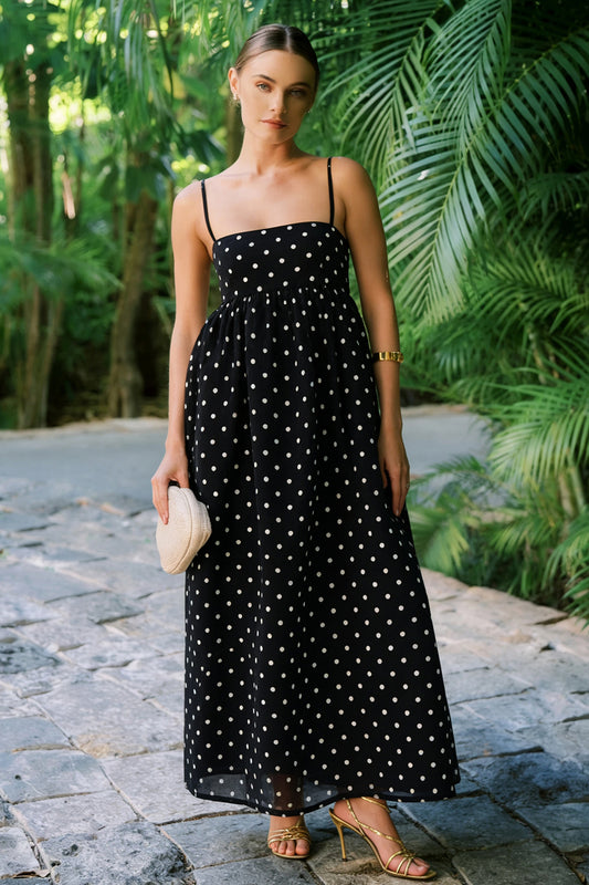 Black and White Polka Dots A Line Long Wedding Guest Dress