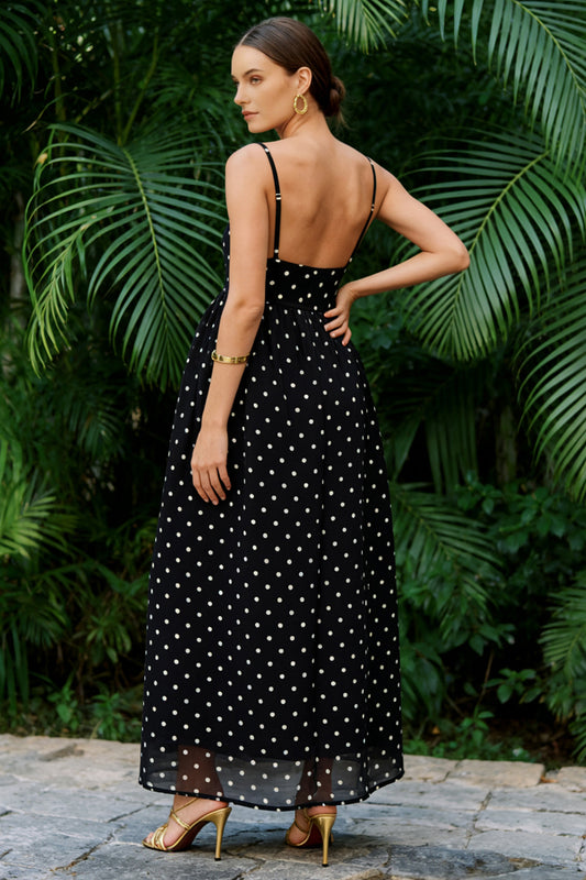 Black and White Polka Dots A Line Long Wedding Guest Dress