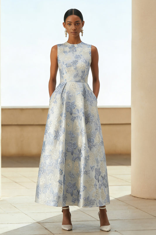 Floral Dusty Blue A Line Jacquard Long Wedding Guest Dress