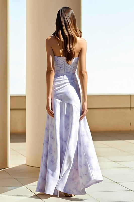 Floral Lilac Strapless Ruched Long Wedding Guest Dress