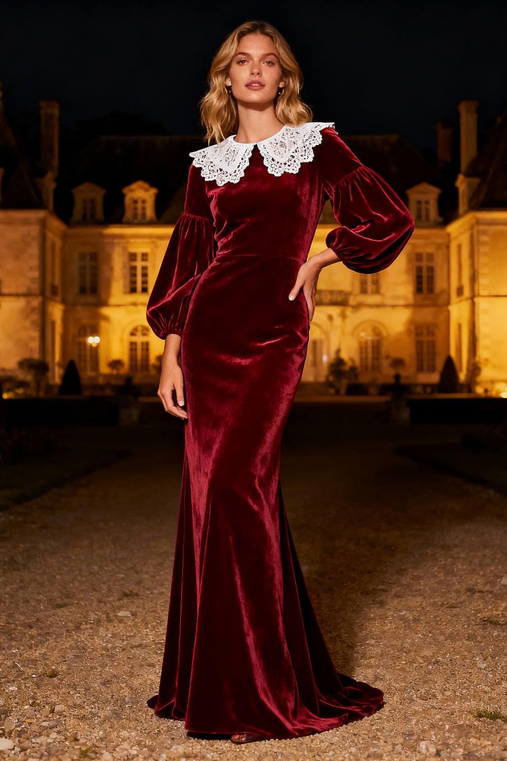 Zapakasa Women Burgundy Mermaid Long Velvet Holiday Party Dress with Lace Round Neck Long Sleeves Formal Dress Zapakasa Women Burgundy Mermaid Long Velvet Holiday Party Dress with Lace Round Neck Long Sleeves Formal Dress
