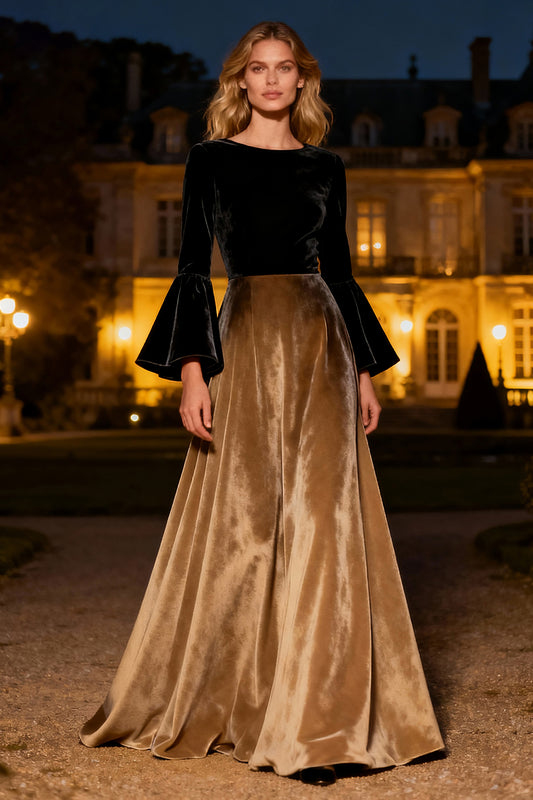 Black A-Line Flare Sleeves Long Velvet Holiday Party Dress