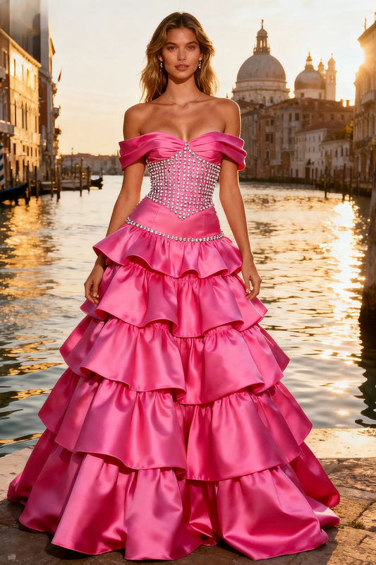 Sparkly Bright Pink A Line Ruffled Long Prom Dress with Beading