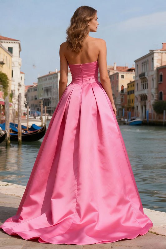 Bright Pink Satin A Line Strapless Pearls Long Prom Dress with Slit