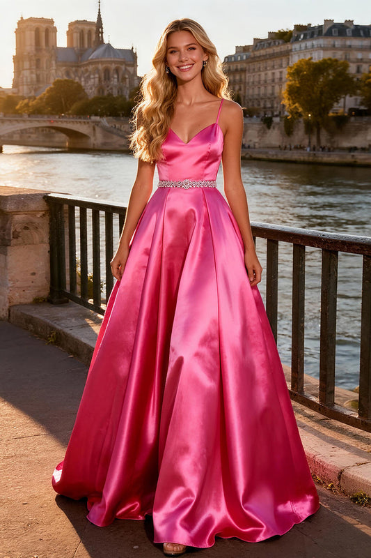 Sparkly Bright Pink Satin A Line Spaghetti Straps Long Prom Dress