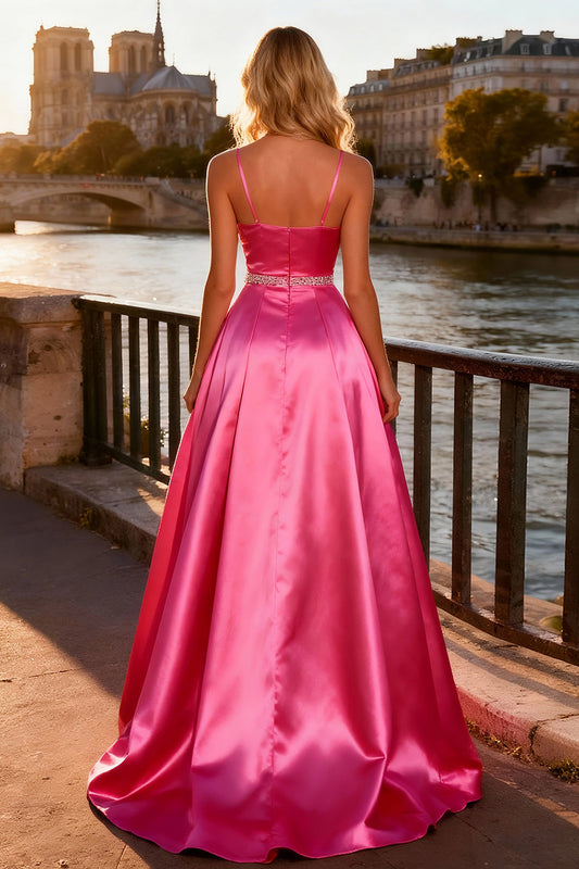 Sparkly Bright Pink Satin A Line Spaghetti Straps Long Prom Dress