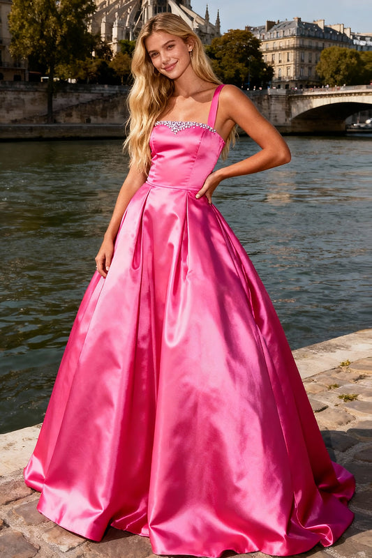 Sparkly Bright Pink Satin Thick Straps A Line Long Prom Dress