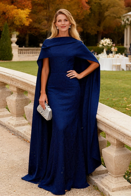 Navy Mermaid Chiffon Long Wedding Guest Dress with Cape