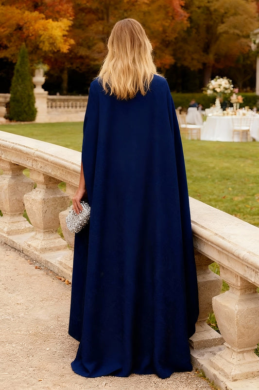 Navy Mermaid Chiffon Long Wedding Guest Dress with Cape