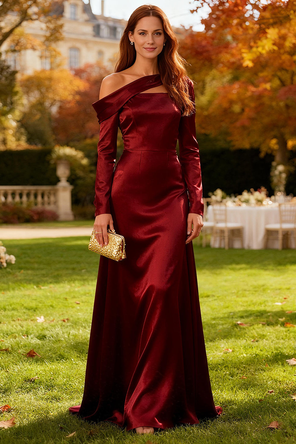 Zapakasa Women Burgundy Satin Long Wedding Guest Dress with Sleeves Sheath One Shoulder Formal Dress