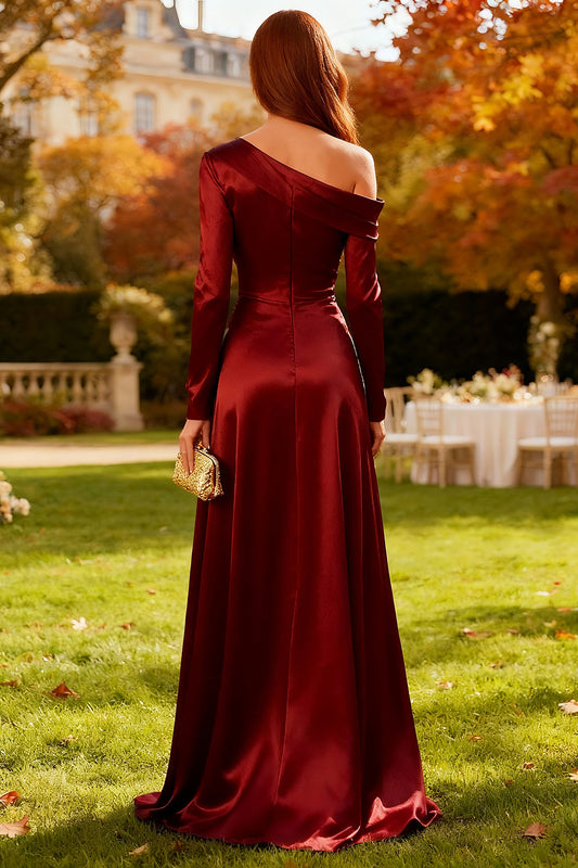 Burgundy Sheath Satin Long Sleeves Wedding Guest Dress