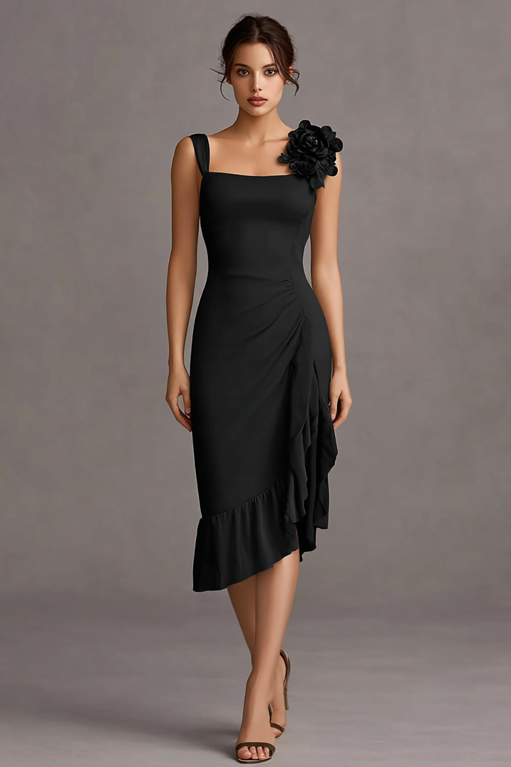 Zapakasa Women Black Bodycon Midi Cocktail Dress with 3D Flower Square