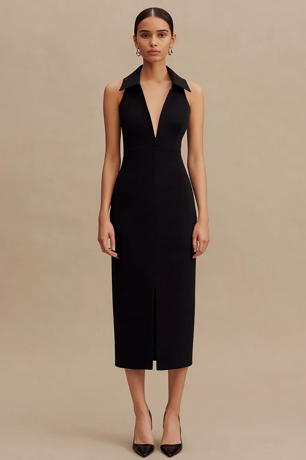 Zapakasa Women Black Midi Cocktail Dress with Slit Halter Neck Bodycon