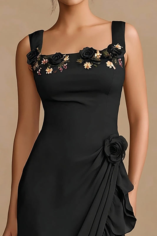 Black Floral Ruffled Bodycon Midi Cocktail Dress with Slit