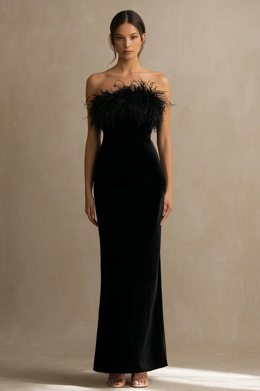 Black Velvet Long Holiday Party Dress with Feathers