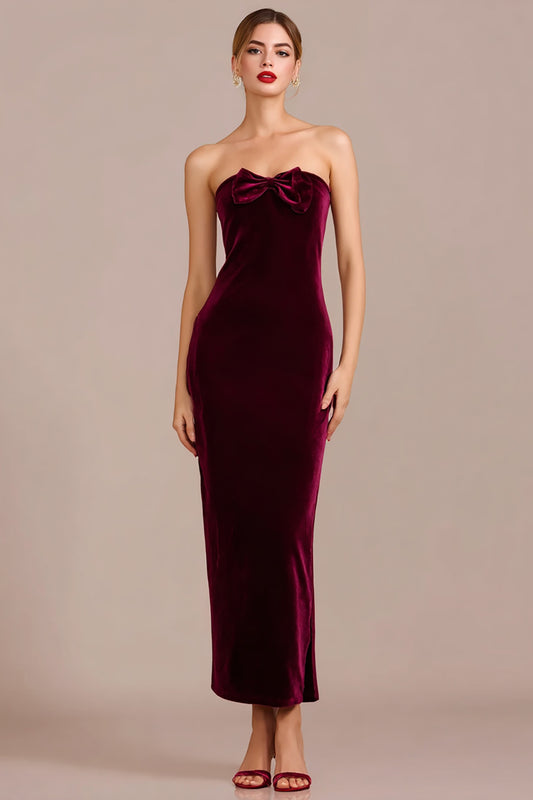 Burgundy Velvet Mermaid Long Holiday Party Dress with Bow