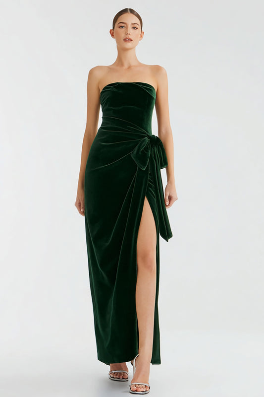 Pine Velvet Long Holiday Party Dress with Slit