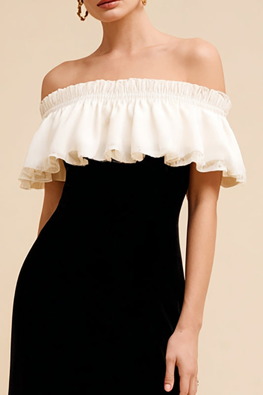 Black and White Velvet Long Holiday Party Dress with Ruffles
