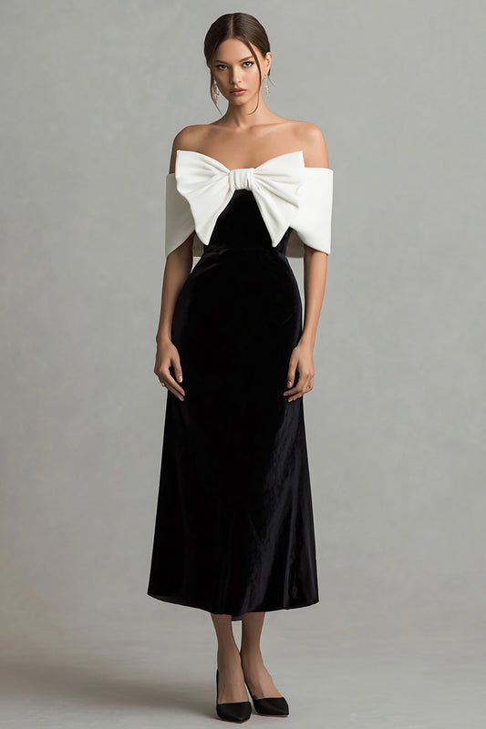 Black and White Velvet Long Holiday Party Dress with Bow