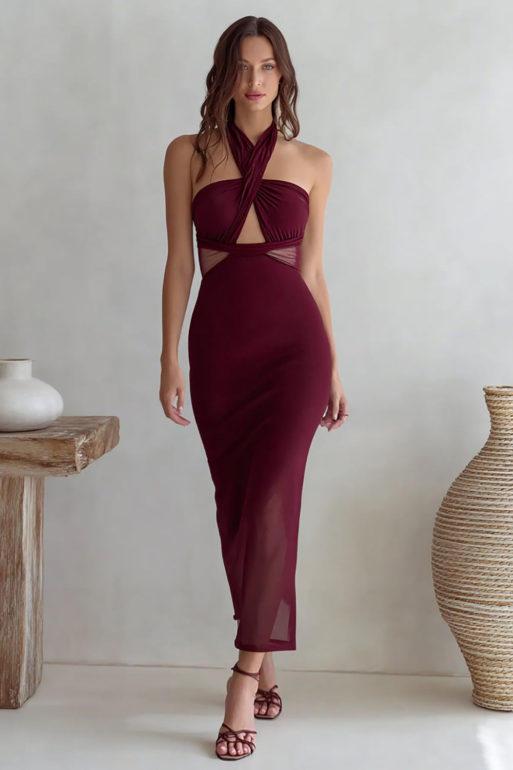 Zapakasa Women Burgundy Long Wedding Guest Dress with Keyhole Halter Neck Sheath Semi Formal Dress Zapakasa Women Burgundy Long Wedding Guest Dress with Keyhole Halter Neck Sheath Semi Formal Dress