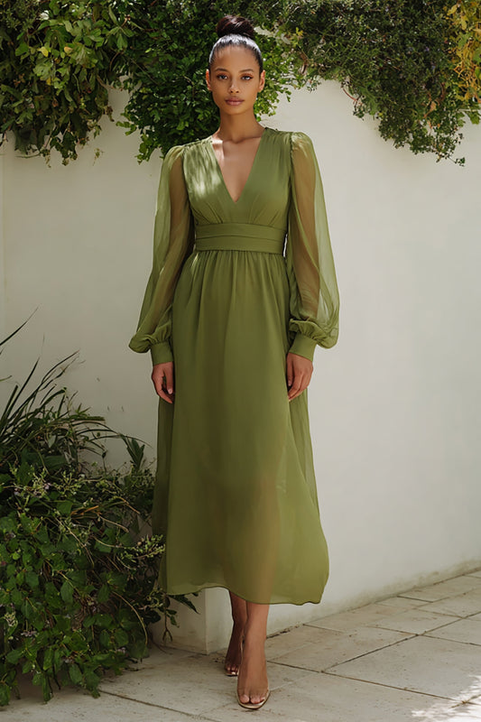 A-Line Olive Long Sleeves Wedding Guest Dress