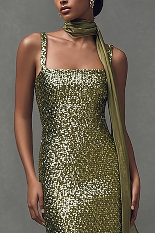 Sparkly Olive Bodycon Sequin Scarf Neck Long Holiday Party Dress