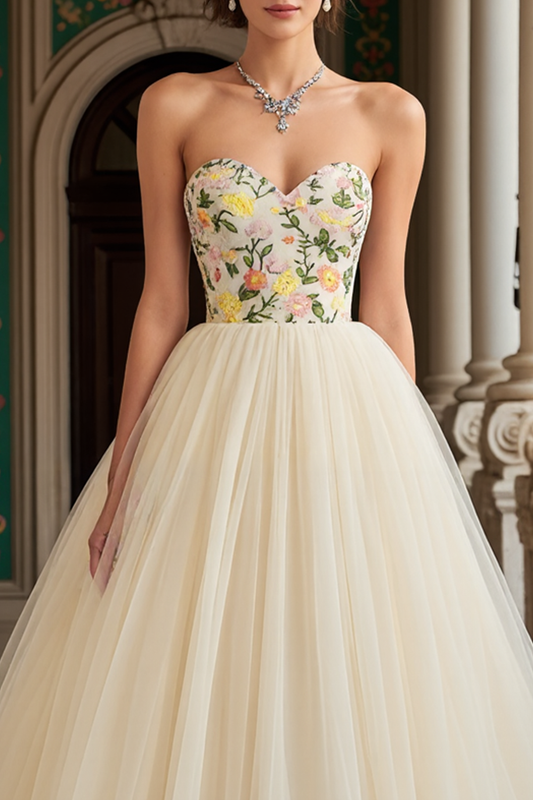 Ivory Tulle Floral Sweetheart A Line Long Prom Dress