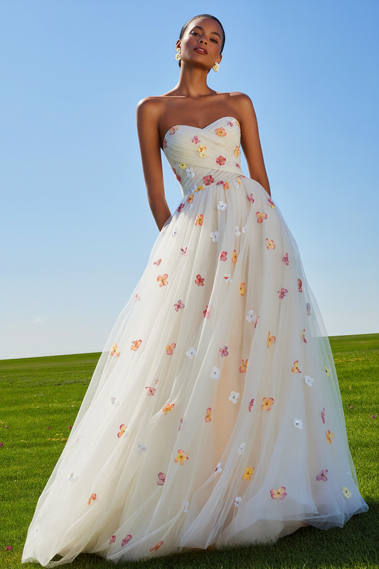 White Tulle Floral Strapless A Line Long Prom Dress