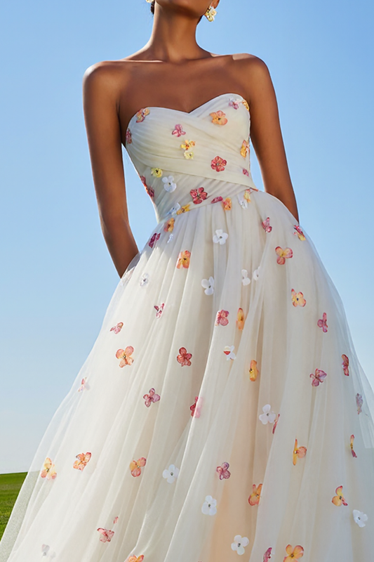 White Tulle Floral Strapless A Line Long Prom Dress