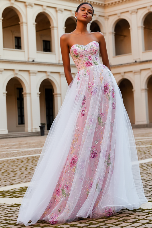 Sparkly Pink Beaded Floral Strapless Long Prom Dress