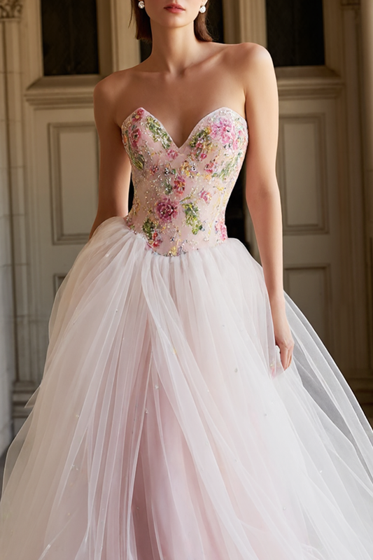 Sparkly Pink Beaded Sweetheart Floral Long Prom Dress