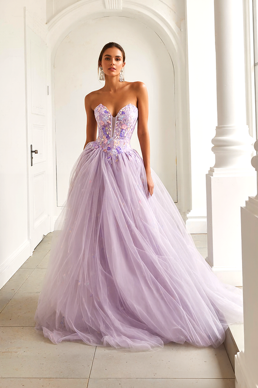 Lilac Floral A Line Tulle Sweetheart Long Prom Dress