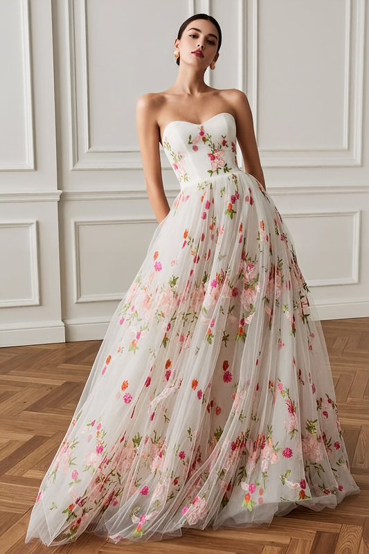 White Floral Princess Sweetheart Long Prom Dress