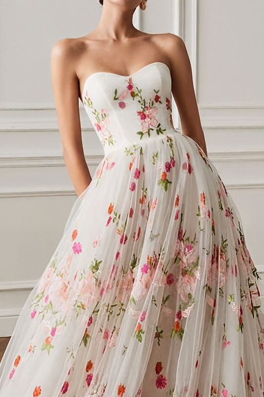 White Floral Princess Sweetheart Long Prom Dress