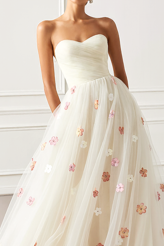 White Floral Tulle A Line Strapless Long Prom Dress