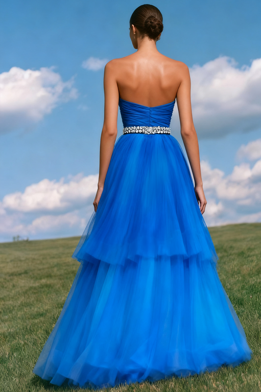 Sparkly Royal Blue Tiered A-Line Sweetheart Long Prom Dress with Beading
