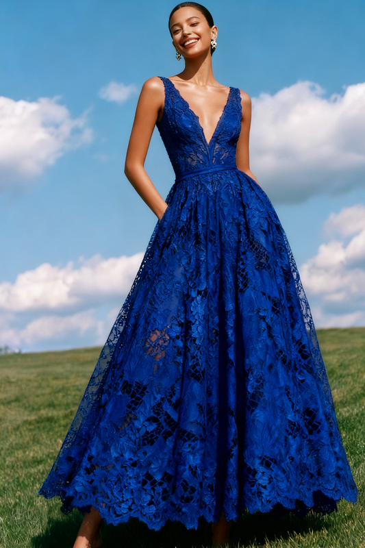Blue Lace A-Line V-Neck Backless Long Prom Dress