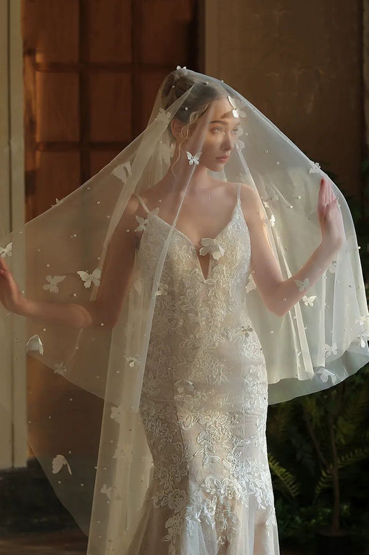 Ivory Tulle Long Wedding Veil with Butterflies