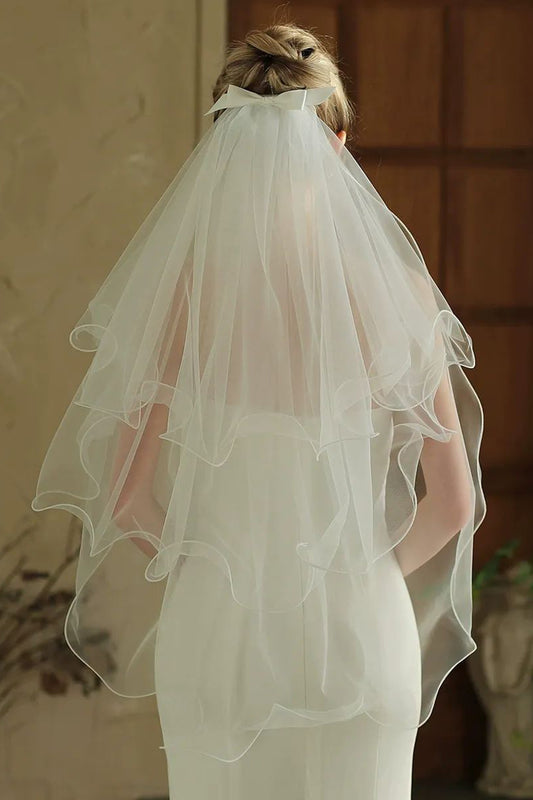 Ivory Bow Tulle Short Wedding Veil