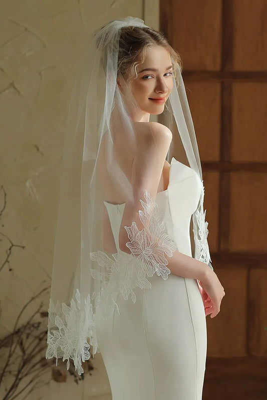 Ivory 1 Tier Floral Tulle Midi Wedding Veil with Appliques