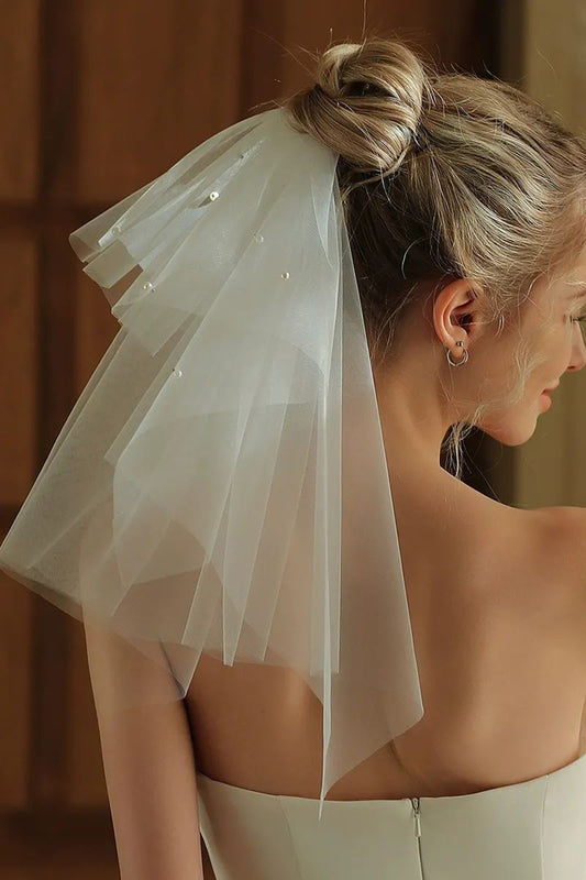 Ivory Pearls Tulle Short Bridal Veil