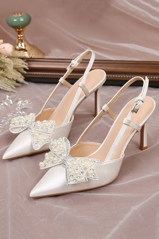 Ivory Satin Point Toe Pearls Wedding Stiletto Heels with Bow
