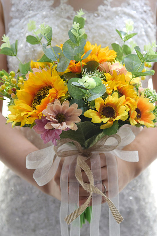 Yellow Hand Holding Bridal Bouquet with Bow