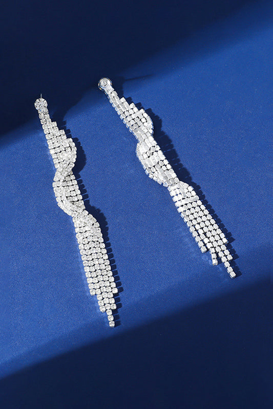 Sparkly Silver Fringed Long Prom Drop Earrings with Rhinestones