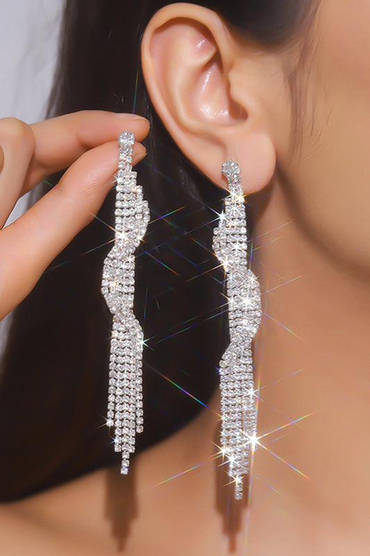 Sparkly Silver Fringed Long Prom Drop Earrings with Rhinestones