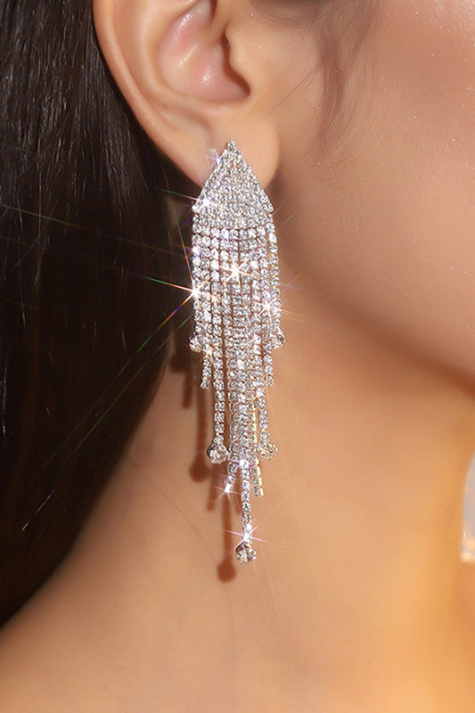 Sparkly Fashion Silver Fringed Prom Drop Earrings with Rhinestones